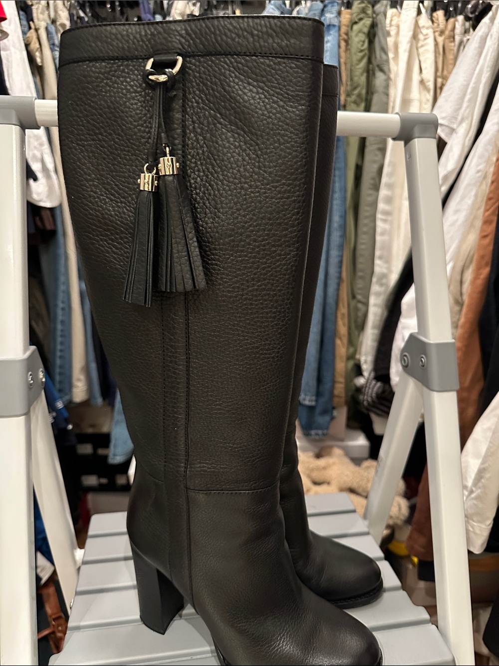 Black Knee-High Leather Boots with Tassel Accent